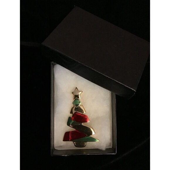 Vintage Danecraft Christmas Tree Brooch Pin Holiday Gold Tone Red Green Enamel S - Picture 7 of 10